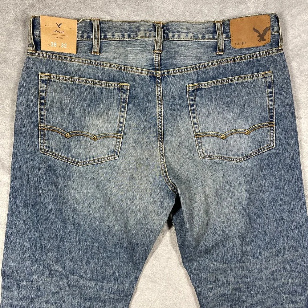 American Eagle Loose‎ Jeans Men 38x32 Blue Medium Wash Whiskered Denim NEW
